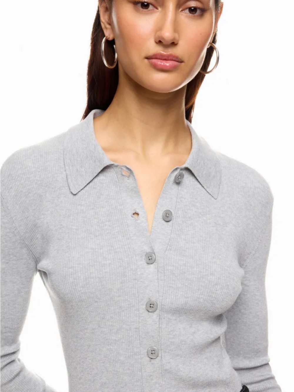 Classic Grey Ribbed Button-Front Knit Top